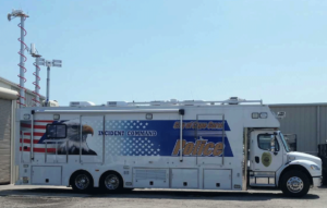 Police incident command vehicle with eagle graphic.